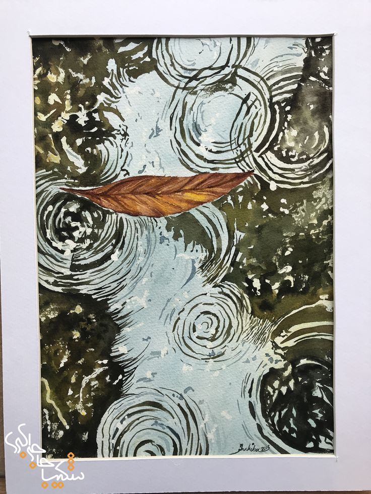 a leaf floating on top of water with ripples in the background and another painting behind it