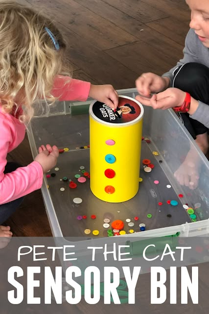 two children playing with a cat toy in a play box that says pete the cat sensory bin