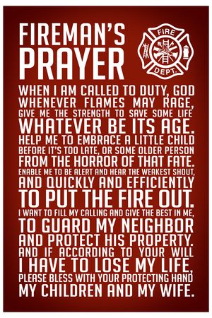 a fireman's prayer poster with the words in white and red on it