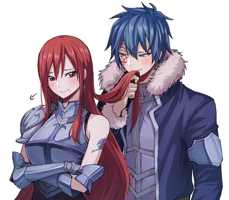 two anime characters standing next to each other with long red hair and blue eyes, one wearing