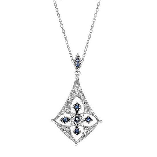 This gorgeous blue sapphire and diamond pendant features delicate design and hand milgrain around the edges. A Renaissance-style blue sapphire cross rests in the center sparkling with diamond accents. Pendant is cast in pure sterling silver and comes with a 16-inch matching chain. Elegant Blue Diamond Necklace With Accents, Elegant Blue Diamond Necklace With Diamond Accents, Sapphire Diamond Necklace With Sterling Silver, Sapphire Diamond Necklace With Sterling Silver Accents, Classic Blue Diamond Necklace In Sterling Silver, Classic Blue Diamond Necklace With Accents, Elegant Diamond Cross Pendant Necklace, Elegant Blue Cross Pendant Jewelry, Elegant Blue Necklace With Pave Setting