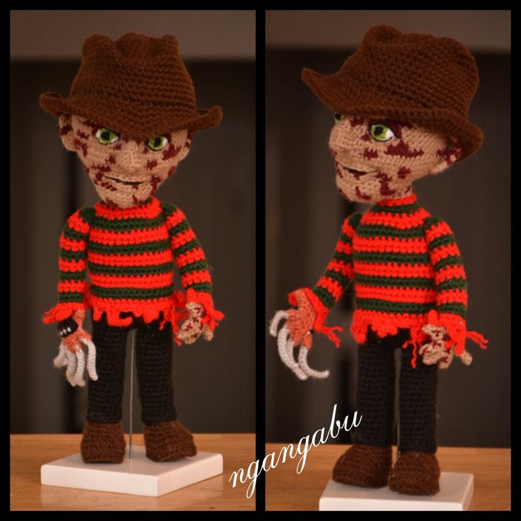 two pictures of a stuffed animal wearing a striped shirt and hat with red, green and black stripes