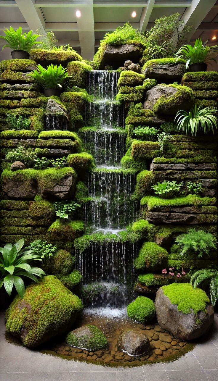 an indoor waterfall with moss growing on the rocks and water running down it's sides