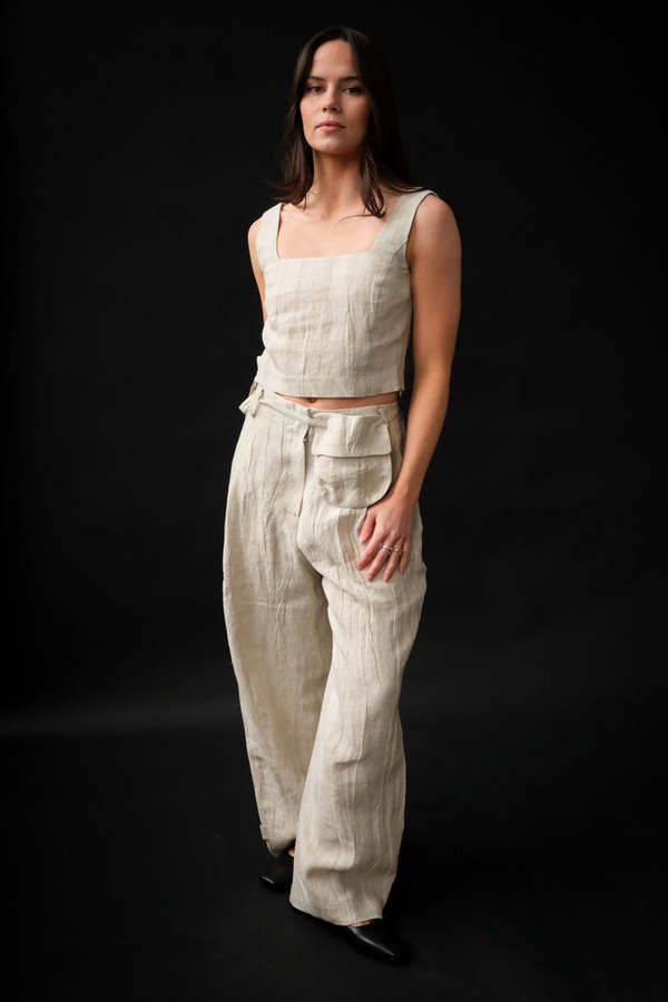 Blossom jen high waisted linen pant in beige sand linen with removable belt bag. buttons at hem to adjust width of pant. pair with the matching jen top for a full set.    100% linen.    bb-pt-24ss-05    pipe and row High Waisted Linen Pants, Denim Jacket With Dress, Linen Pant, Matching Pants, Knit Pants, Linen Top, Socks And Hosiery, Linen Pants, Square Neckline