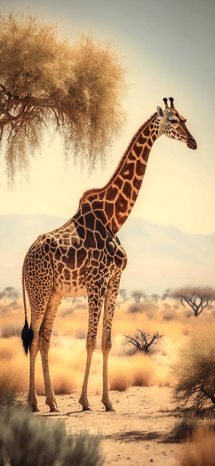 a giraffe standing under a tree in the desert