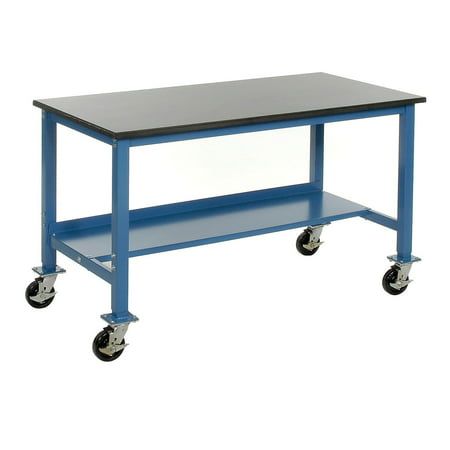 a blue workbench with wheels and a black table on the bottom one side