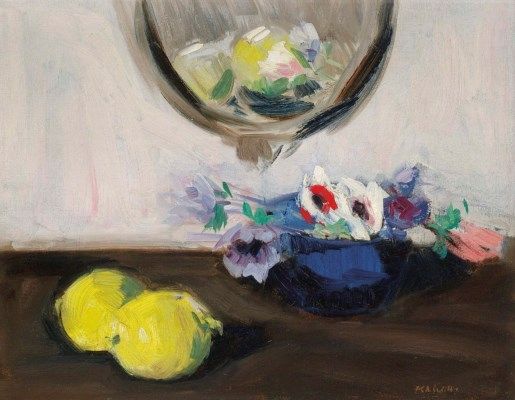 a painting of flowers in a blue bowl next to two lemons on a table