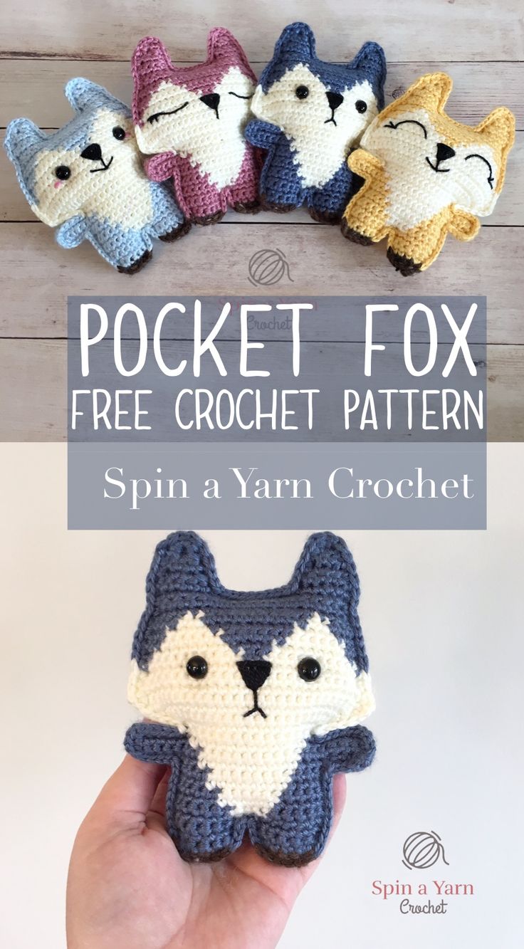 crochet pattern for a pocket fox with four different colors and sizes to choose from