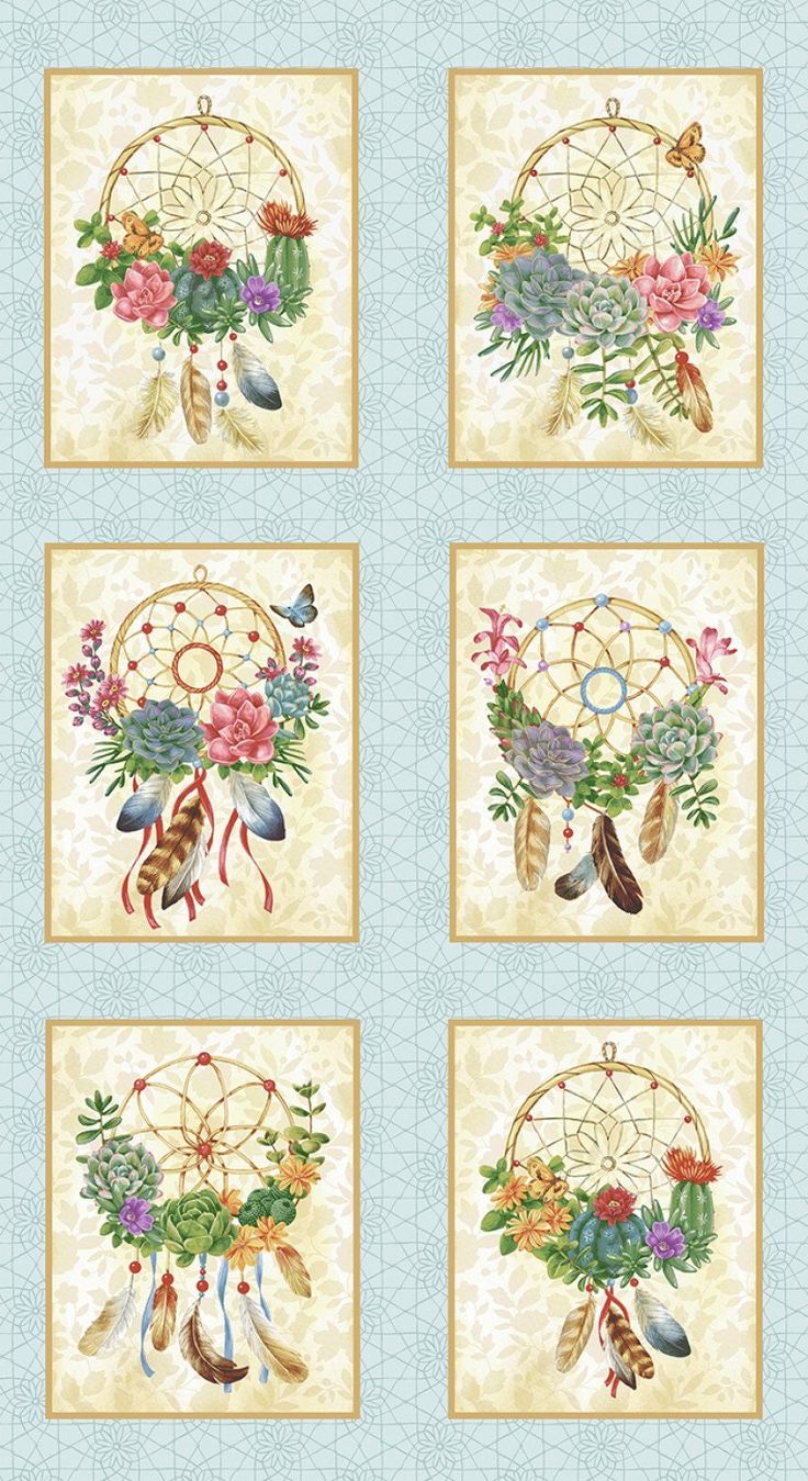 four pictures with flowers and feathers on them, one has a dream catcher in the middle