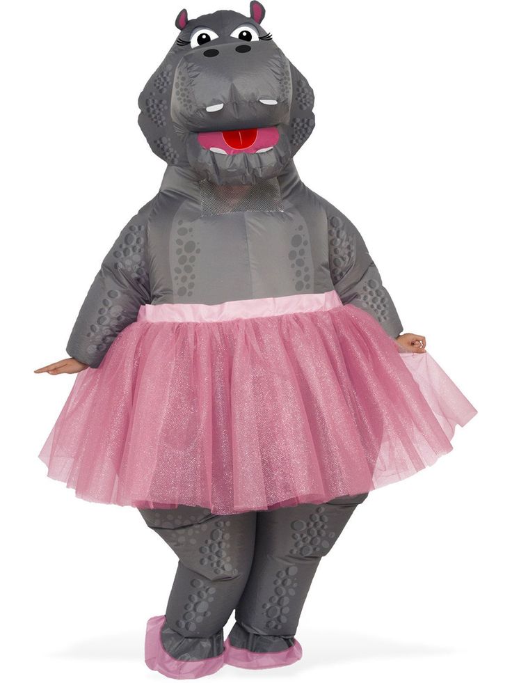 an inflatable hippo costume is shown with pink tutu skirt and boots