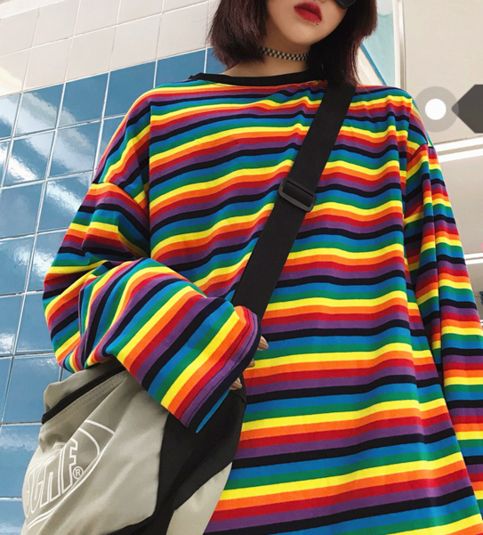 Harajuku Rainbow Striped Long Sleeve T-shirt Colorful Shirts Aesthetic, Rainbow Stripe Shirt, Rainbow Long Sleeve Shirt, Rainbow Y2k Outfit, Rainbow T-shirt, Striped Rainbow Print T-shirt For Spring, Spring Striped T-shirt With Rainbow Print, Casual Striped T-shirt With Rainbow Print, Trendy Rainbow Print Striped Tops