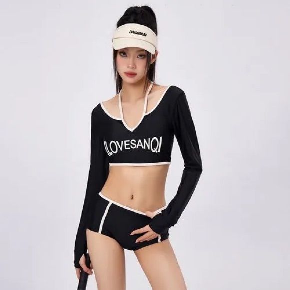 Asian Size Xl But Realistically Fits M/L Long Sleeve Cropped Lettering Cream Lining Halter Tie Casual Black Long Sleeve Swimwear, Trendy Black Top For Beach Season, Trendy Black Tops For Beach Season, Black Long Sleeve Beachwear Top, Black Beachwear Tops For Spring, Sporty Black Top For The Beach, Sporty Black Top For Beach, Black Stretch Tops For Beach Season, Black Stretch Beachwear Tops