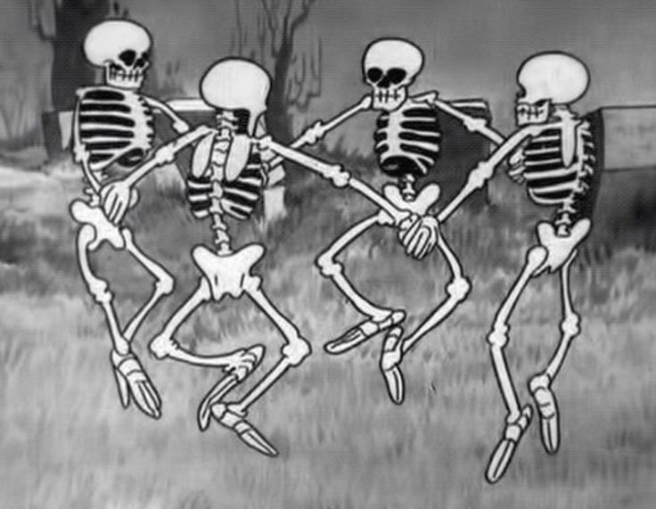 three skeletons dancing in the middle of a field