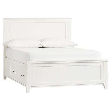 a white bed frame with two drawers underneath the headboard and foot board, in front of a white background