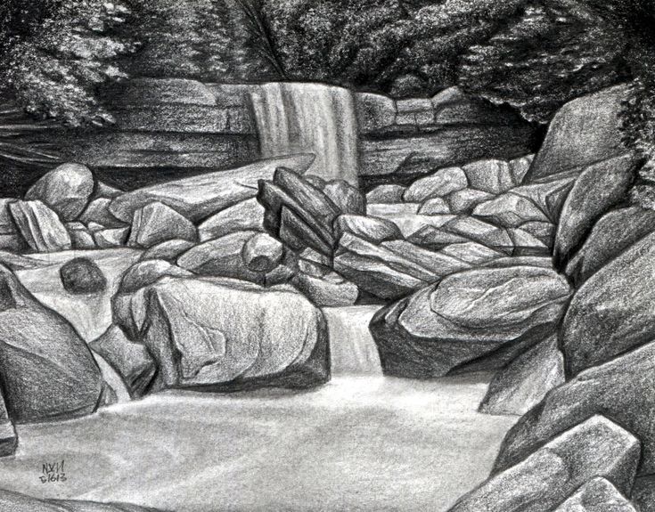 a pencil drawing of a waterfall and rocks