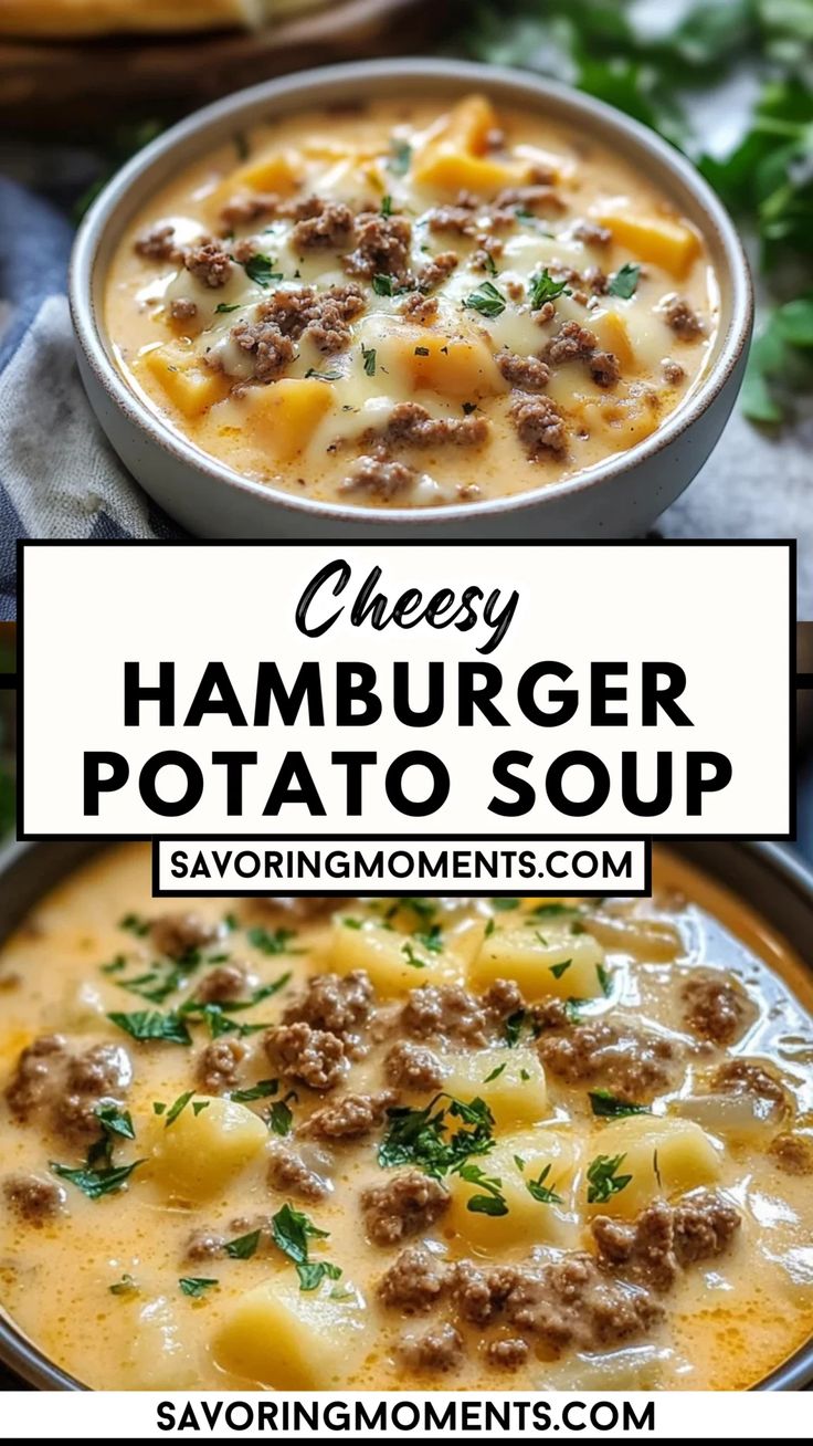 cheesy hamburger potato soup in a bowl with the title overlay above it