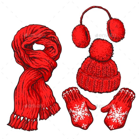 a red hat, scarf and mittens on a white background - miscellaneous objects illustrations