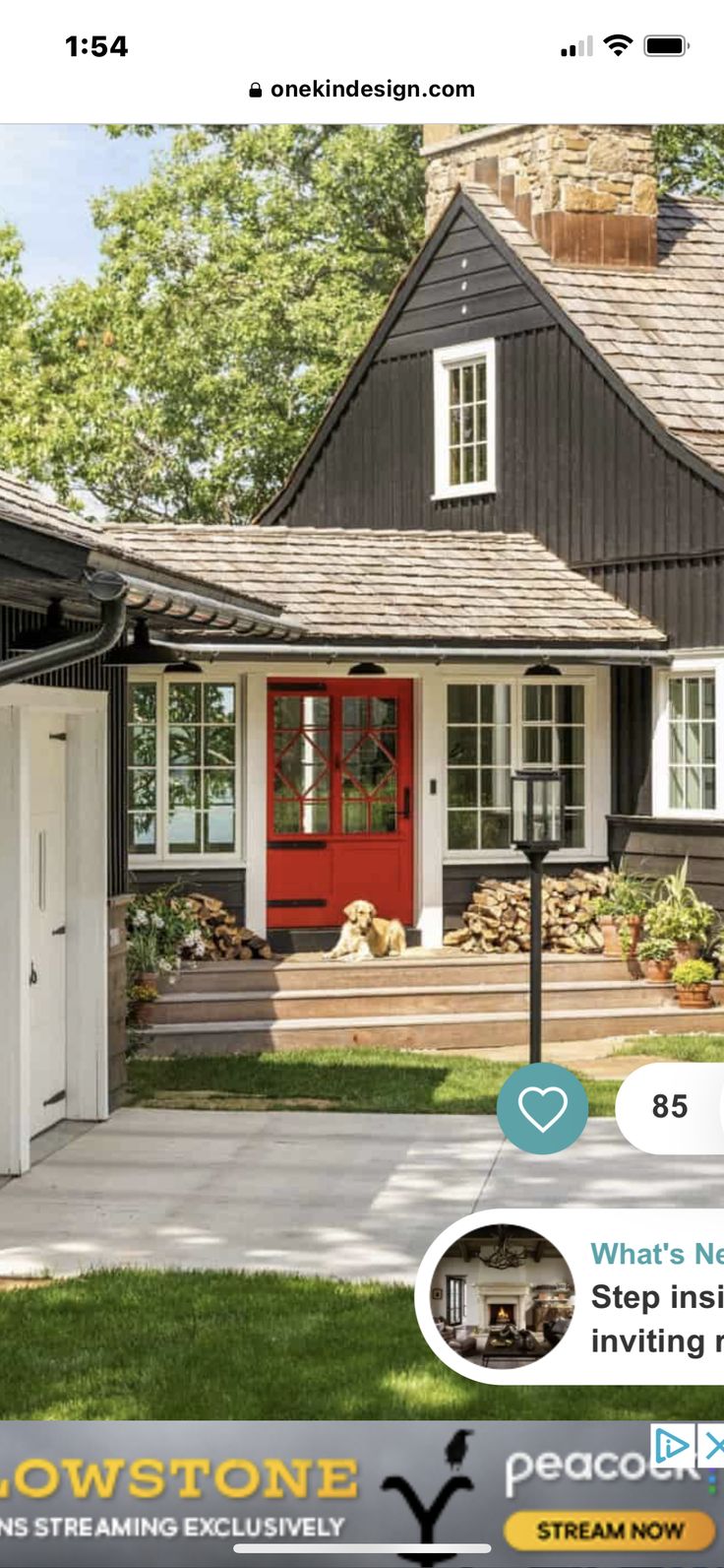 an advertisement for a new home in the country style with a red door and steps leading up to it