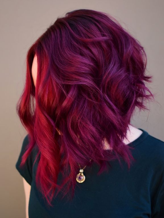 Red And Purple Color Melt Hair, Plum And Red Hair, Red Roots Purple Hair, Cranberry Pink Hair, Short Ruby Red Hair, Purple Hair Red Highlights, Purple Hair With Red Highlights, Red And Purple Hair Short, Bright Hair Colors Short Shoulder Length