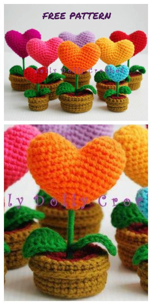 crocheted potted plants with hearts on them and the words free pattern below