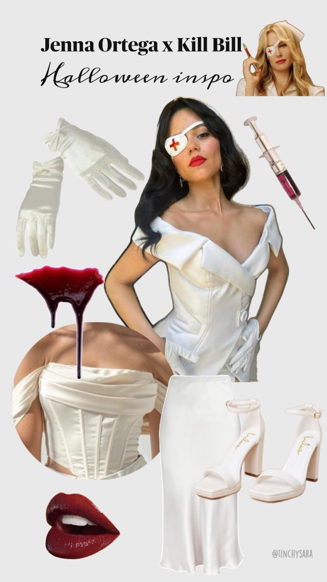 a woman in white dress with red lipstick and gloves on her feet, holding a knife