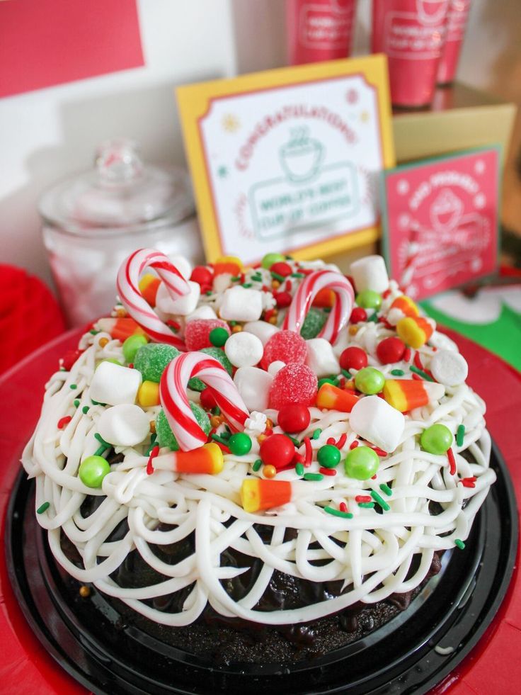 there is a cake decorated with candy and candies