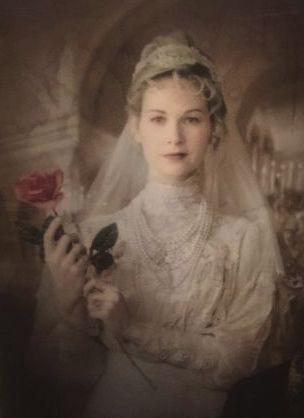 an old photo of a woman in wedding dress holding a rose and looking at the camera