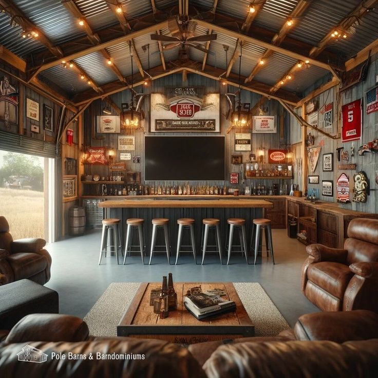 a room with couches, chairs and a bar in the middle is decorated with vintage signs