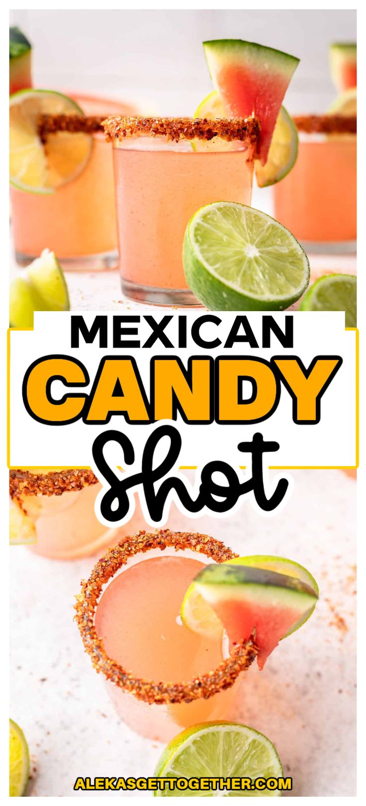 mexican candy shot with limes and watermelon garnish