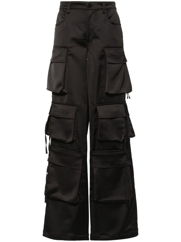 black satin weave straight leg belt loops classic five pockets multiple cargo pockets front button and zip fastening Black Straight Leg Cargo Pants With Multiple Pockets, Black Straight Cargo Pants With Side Pockets, Luxury Black Cargo Bottoms, Luxury Black Cargo Pants With Pockets, Luxury Five-pocket Cargo Trousers, Leg Belt, Pants Straight, Cargo Trousers, Airport Style