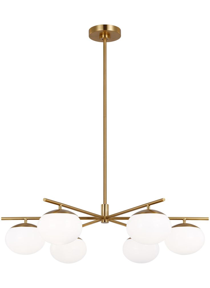 a brass chandelier with five white glass globes hanging from the ceiling,