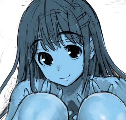 a drawing of a girl with big eyes and long hair holding two balls in front of her face