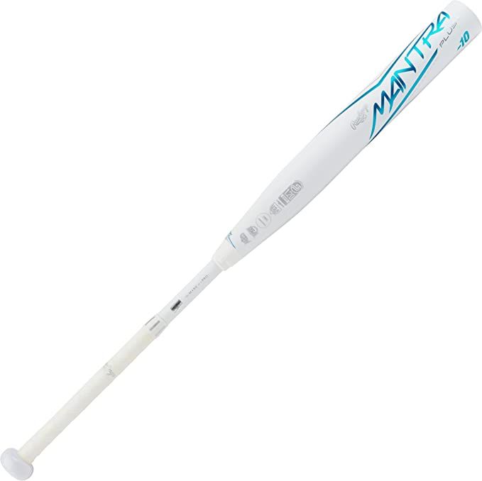 a white baseball bat with blue writing on the bottom and inside of it, in front of a white background