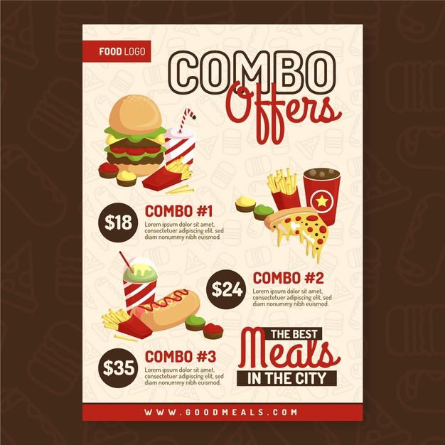 a poster with different types of food and prices for the combo offer in the city