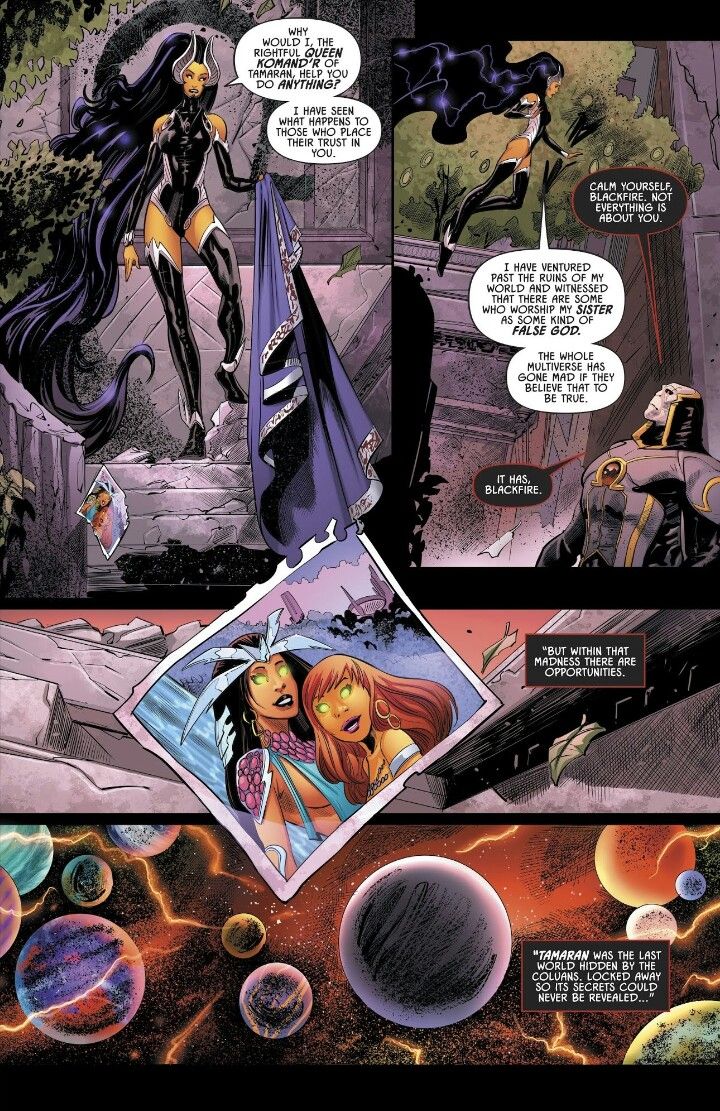 a comic page with an image of a woman in the background and planets around her