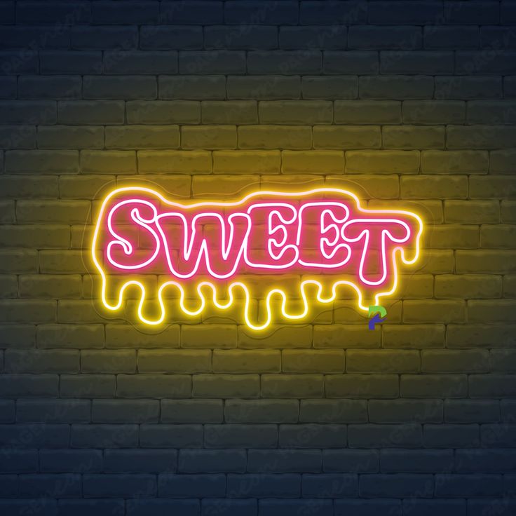 a neon sign that says sweet on a brick wall