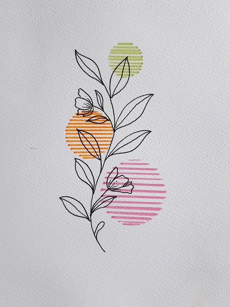 a drawing of flowers and leaves on a piece of paper with colored stripes in the background