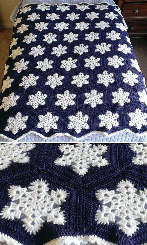 two crocheted bedspreads with snowflakes on them, one in blue and the other in white