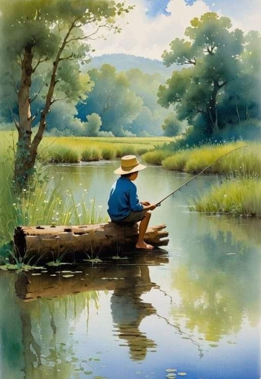 a painting of a man sitting on a log fishing