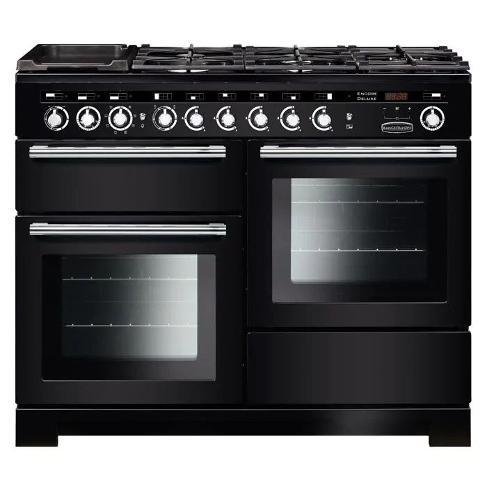 a black stove top oven with two burners and one door open on an isolated white background