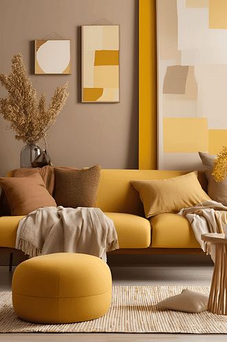 a living room filled with furniture and yellow accents in shades of brown, beige, and orange