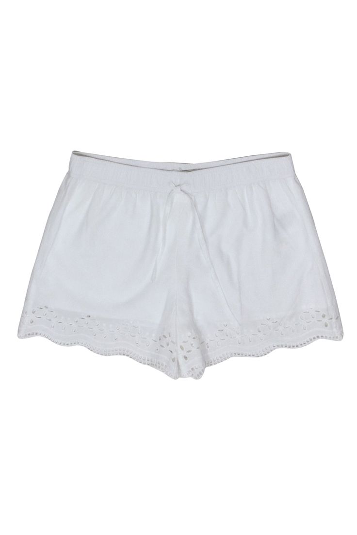 Current Boutique-Club Monaco - Ivory Eyelet Trim Shorts Sz 4 White Cotton Bottoms With Eyelet Details, White Cotton Shorts For Summer Outings, Casual Summer Shorts With Crochet Trim, Casual Cotton Shorts With Crochet Trim, Crochet Trim Shorts For Summer Vacation, Summer Vacation Crochet Trim Shorts, Casual Beach Shorts With Lace Trim, White Crochet Trim Shorts For Beach, White Casual Bottoms With Crochet Trim