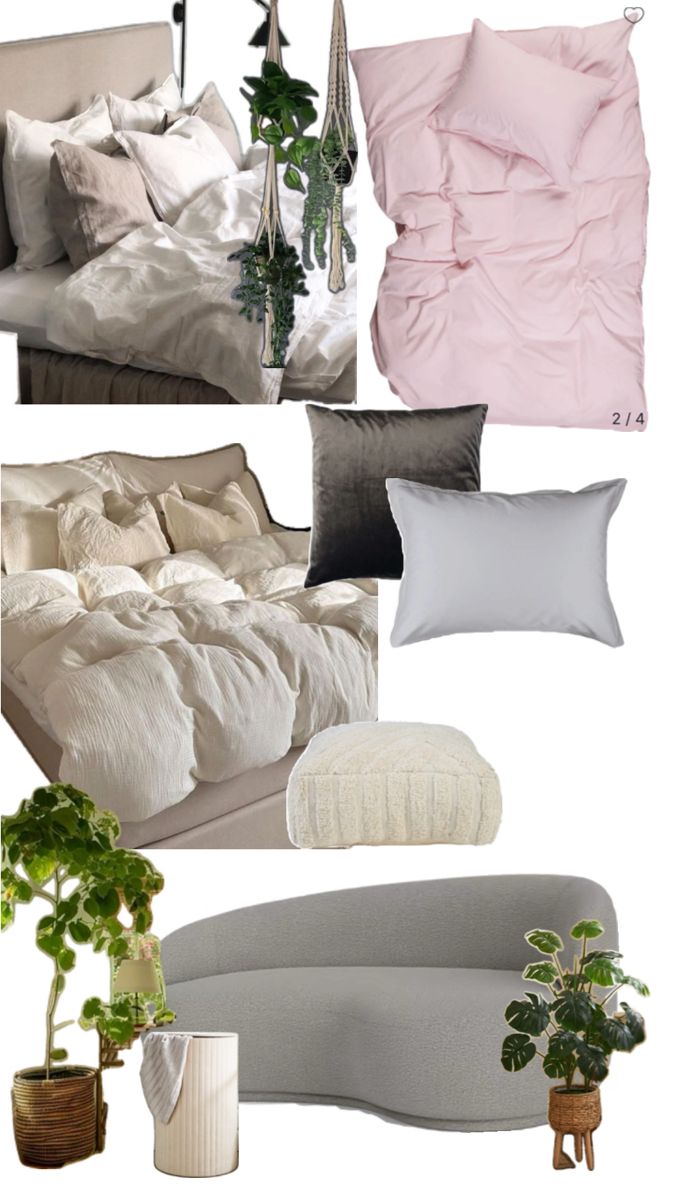 a collage of bedding and pillows with plants in vases on the side