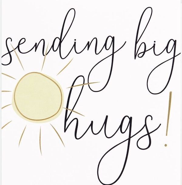 the words sending big hugs are written in cursive writing on a white background