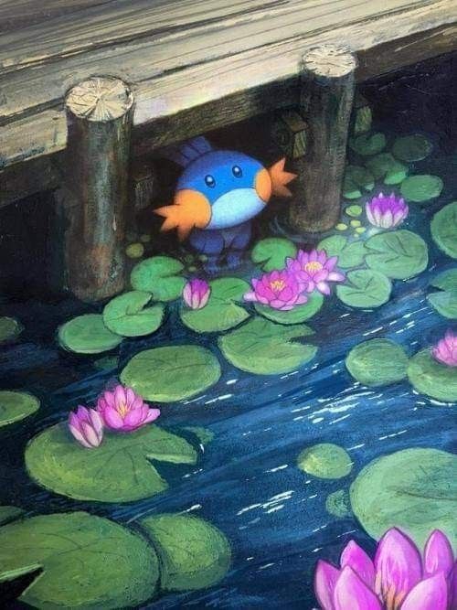 a painting of a blue bird sitting on top of lily pads