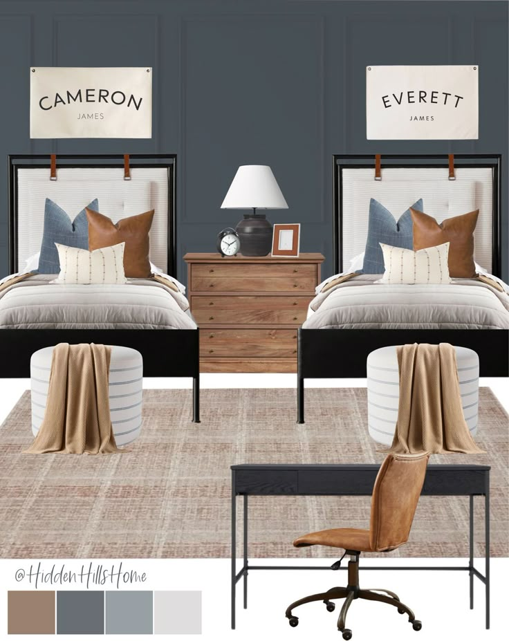 the bedroom is decorated in neutrals and browns