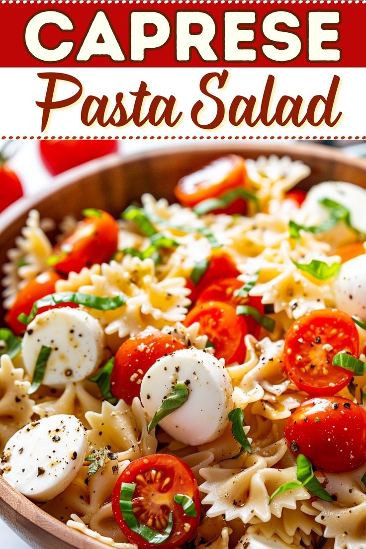 pasta with tomatoes, mozzarella and parmesan cheese in a wooden bowl