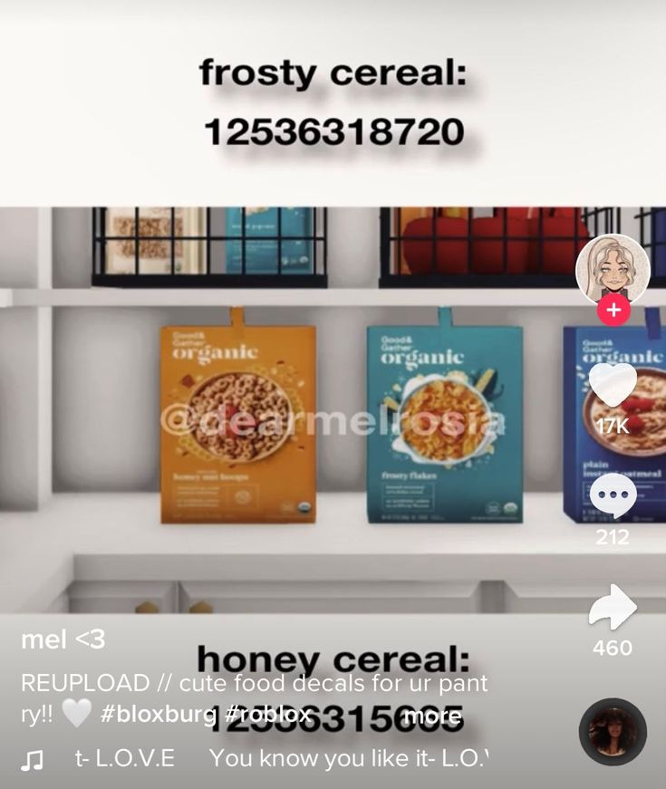 an advertisement for cereal is displayed on the shelf in front of other boxes and packages