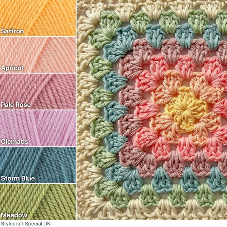 the crochet square is shown in different colors