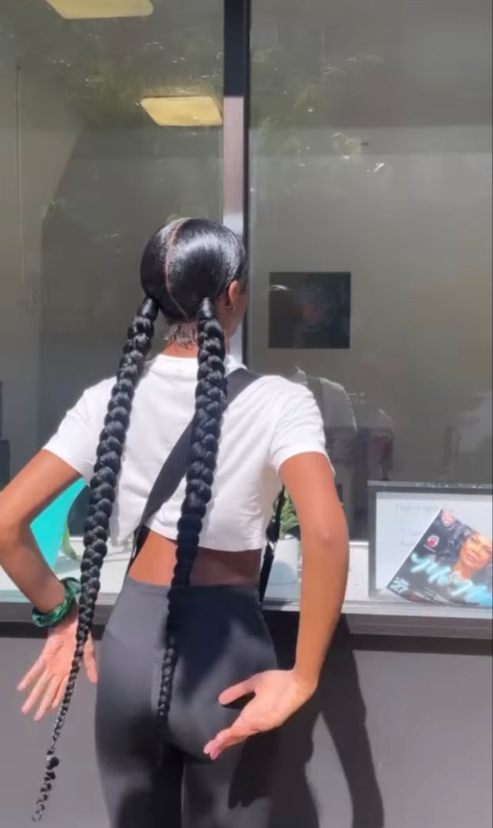 2 Ponytails With 2 Braids, 2 Slick Braided Ponytails, 2 Long Slick Back Braids, 2 Pony Braids, Slick Two Braided Ponytails, Slick Back 2 Braids, Two Low Braids Hairstyle, 2 Low Braids With Weave, Middle Part Two Braided Ponytails